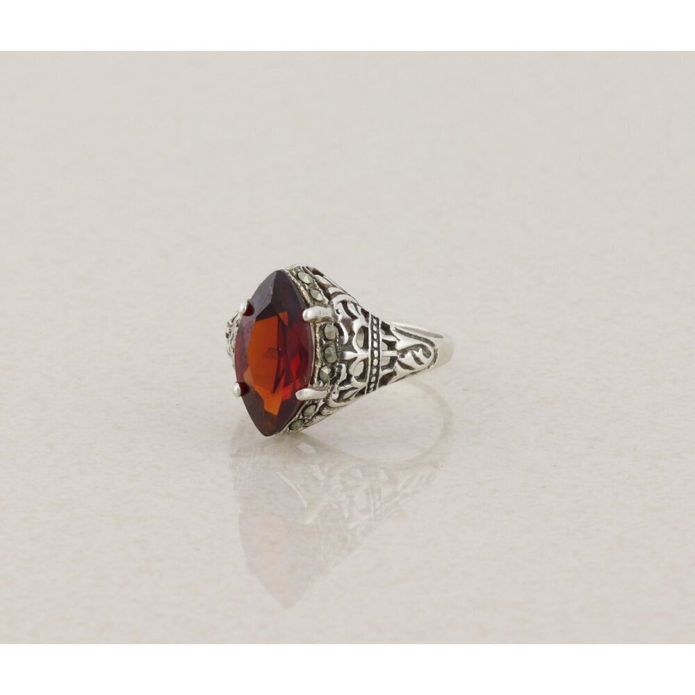 Sterling Silver Red Cubic Zirconia and Marcasite Ring Size 6 3/4 - Picture 6 of 8